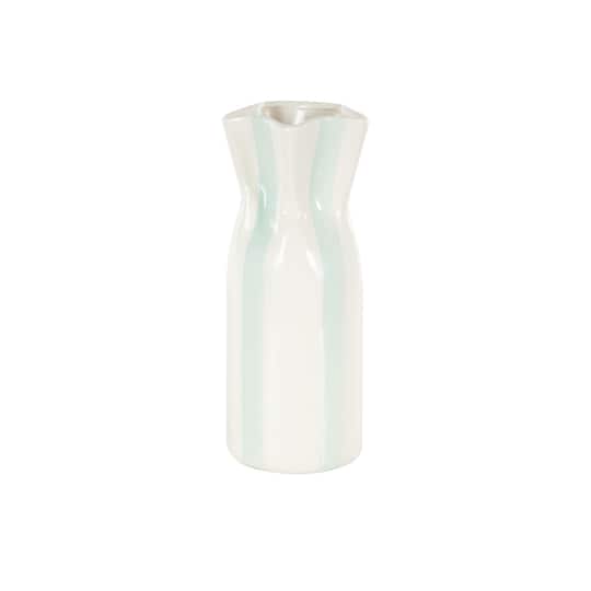 12" White & Teal Stripes Round Wide Ceramic Vase